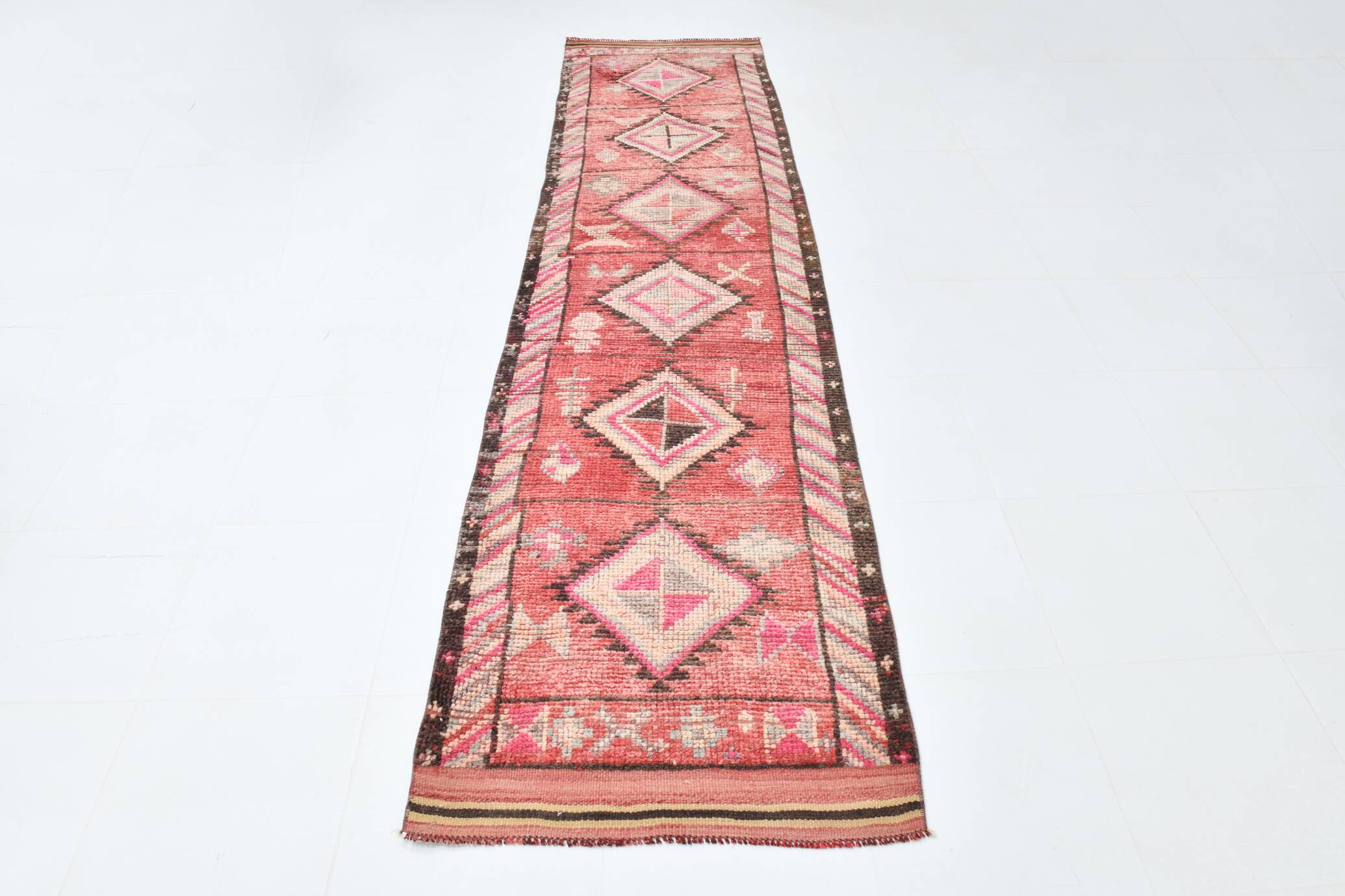 83x337Cm Cinnamon Red Runner Rug, Turkish Wool Runner Rug, Antique Rug