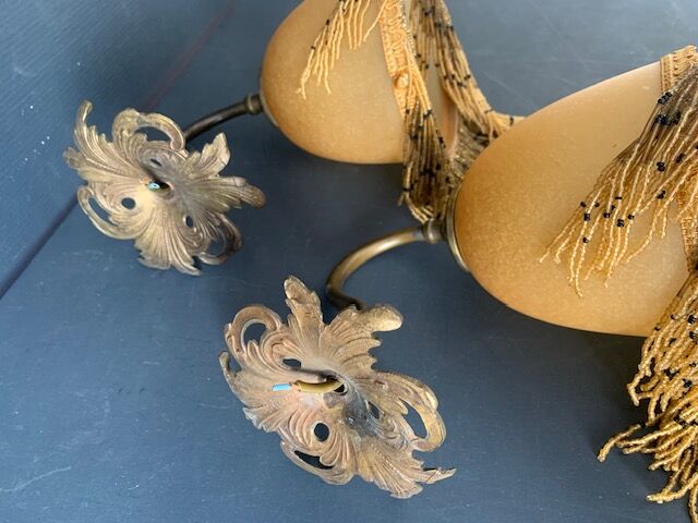 Pair of vintage wall lamps, glass paste and fringes, art deco, XXth