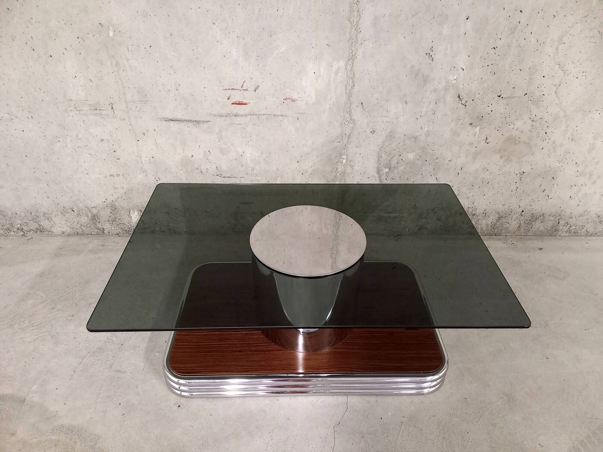 Vintage coffee table in smoked glass, chrome metal and wood décor 60s 70s