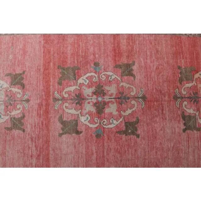 Vintage Turkish Oushak handmade pink cotton wool runner rug 163x370