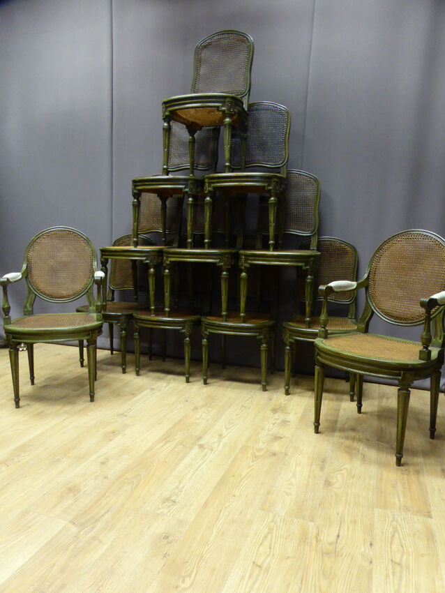Set of 10 chairs in painted beech and Louis XVI style caning