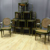 Set of 10 chairs in painted beech and Louis XVI style caning