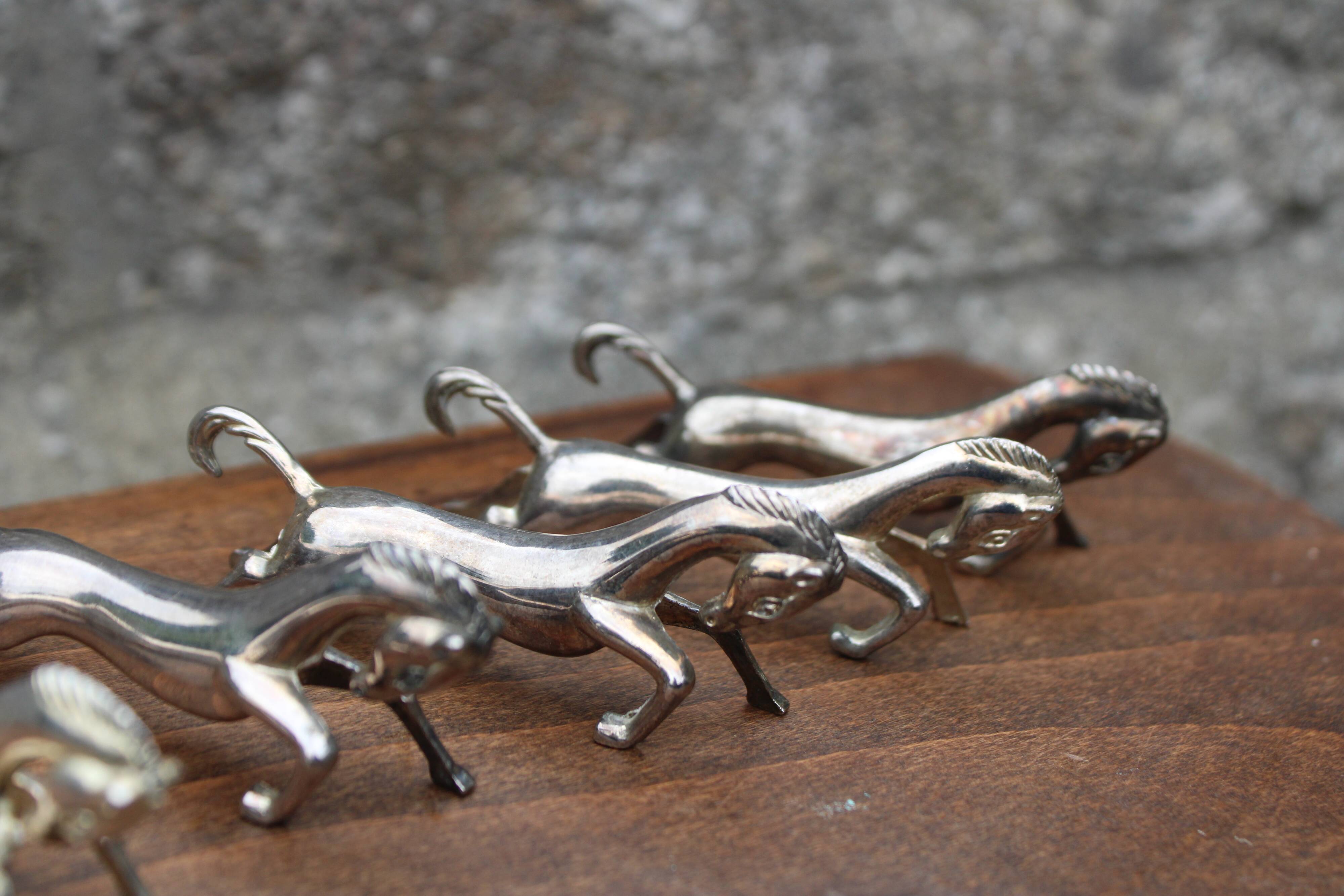 Set of 5 vintage silver metal horse knife rests