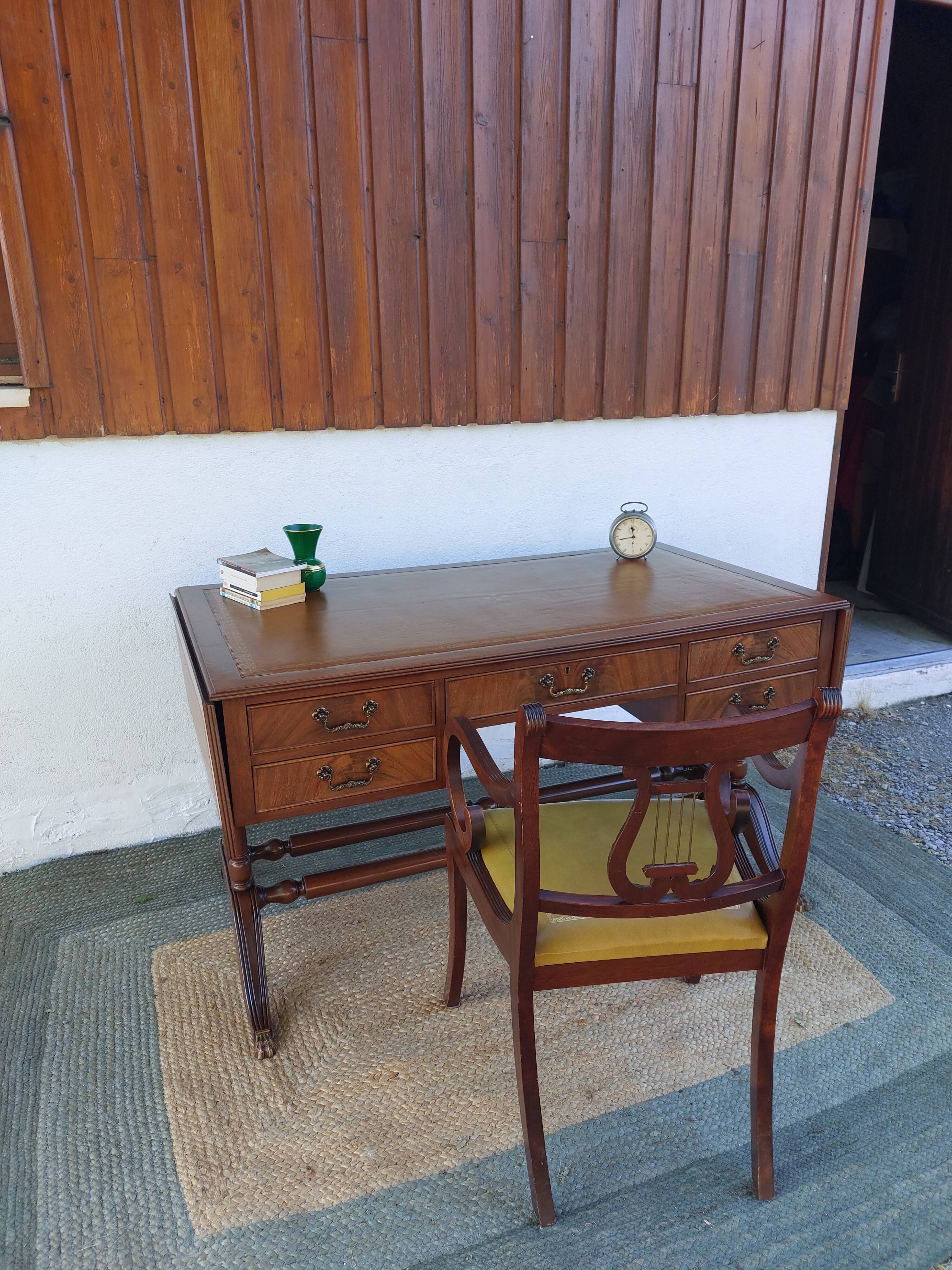 English desk and lyre chair, leather, extensions.