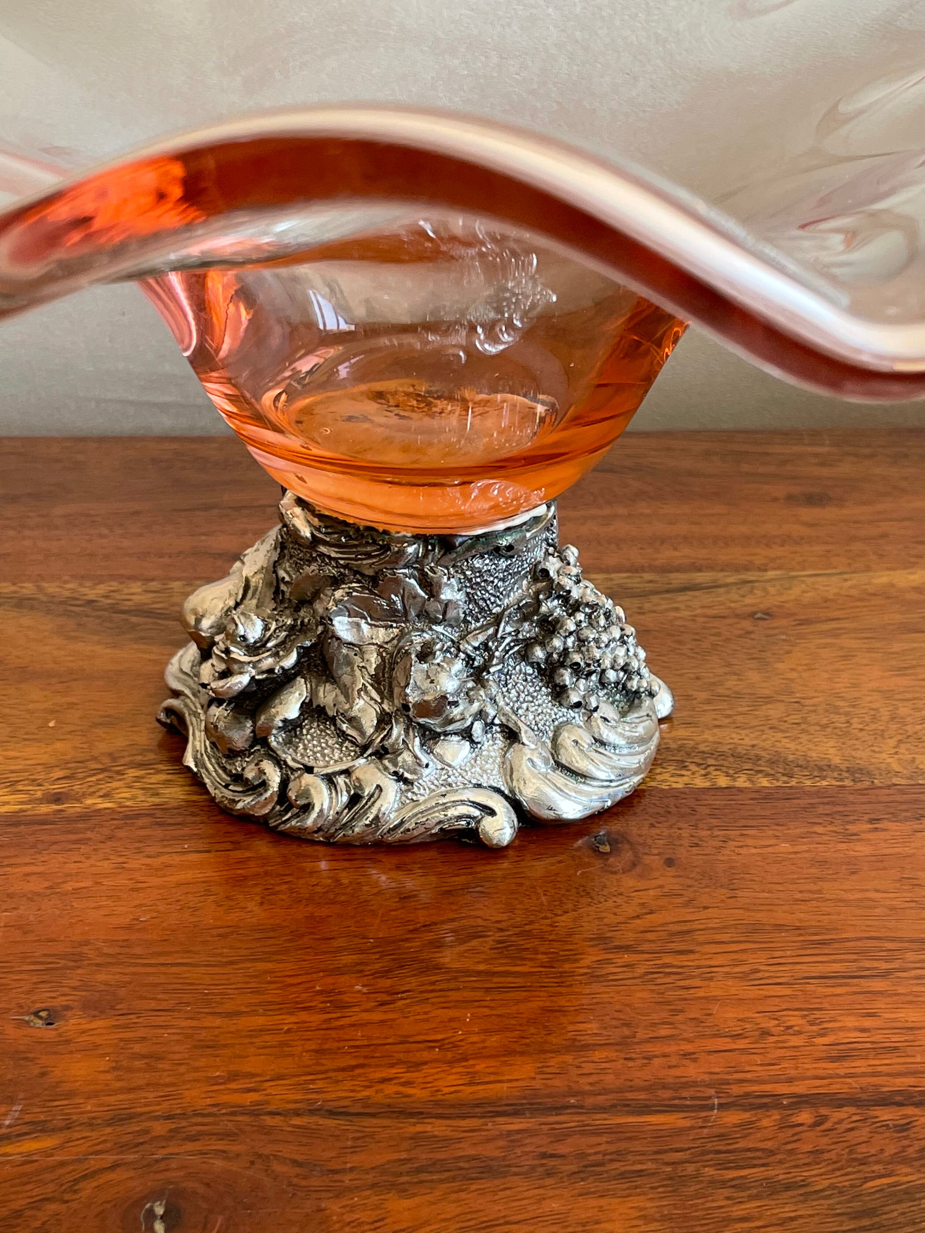 Pink blown glass cup on foot grape decoration