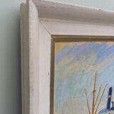 Mid Century Swedish Harbour Boat Oil Painting - 'Sunset Harbour'