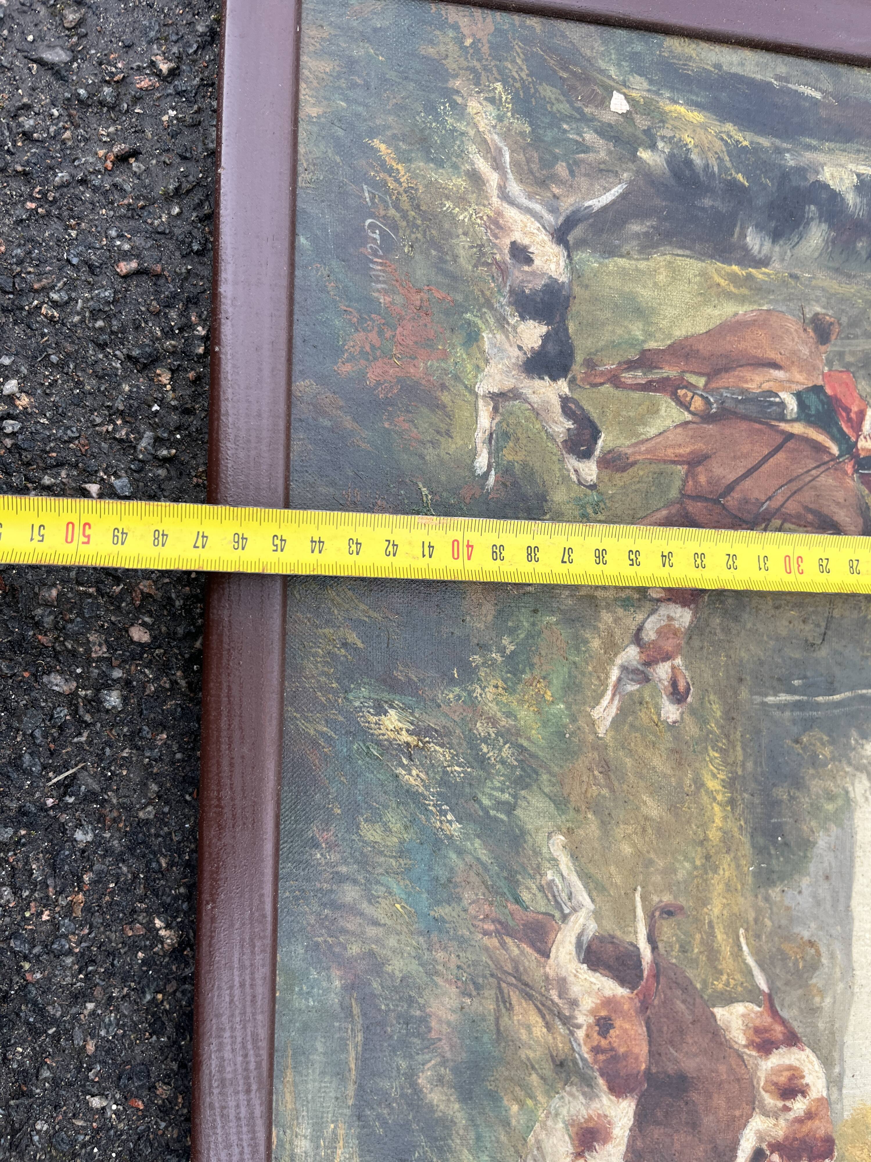 Pair of oil on canvas paintings depicting hunting scenes with deer and wild boar.