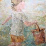 Oil on canvas portrait of a little girl with seal by Anne lejars