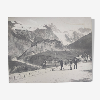 Old print printed on albumen paper Mountain landscape Alps hikers