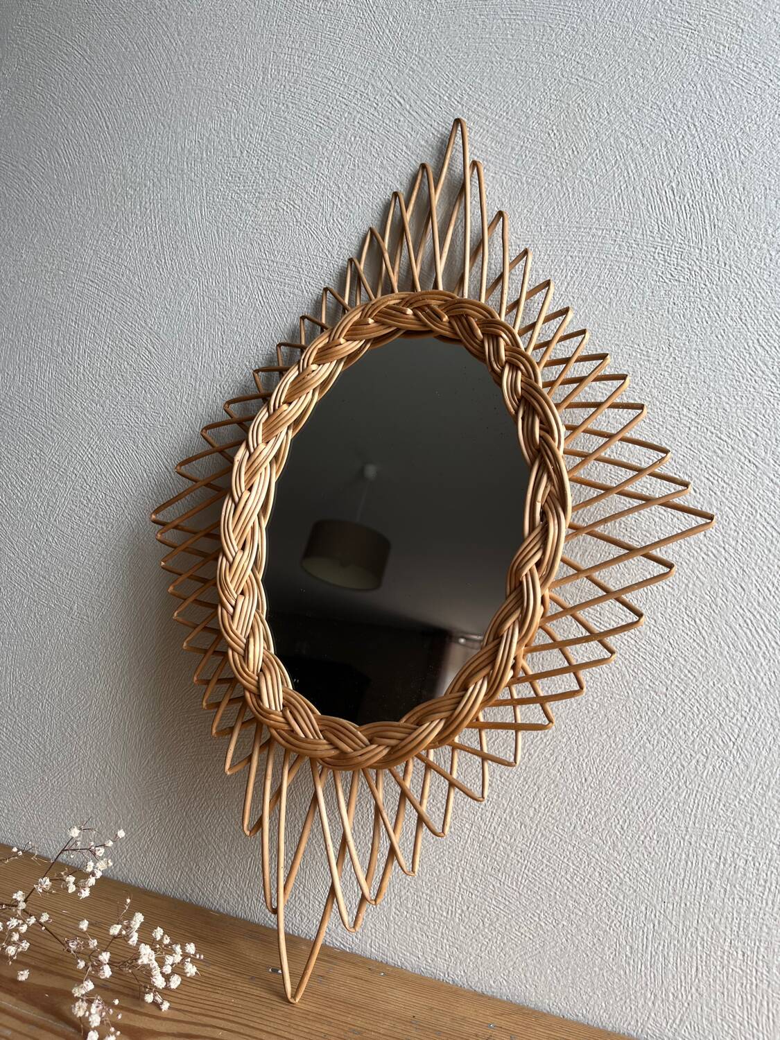Vintage rattan mirror in star/diamond shape