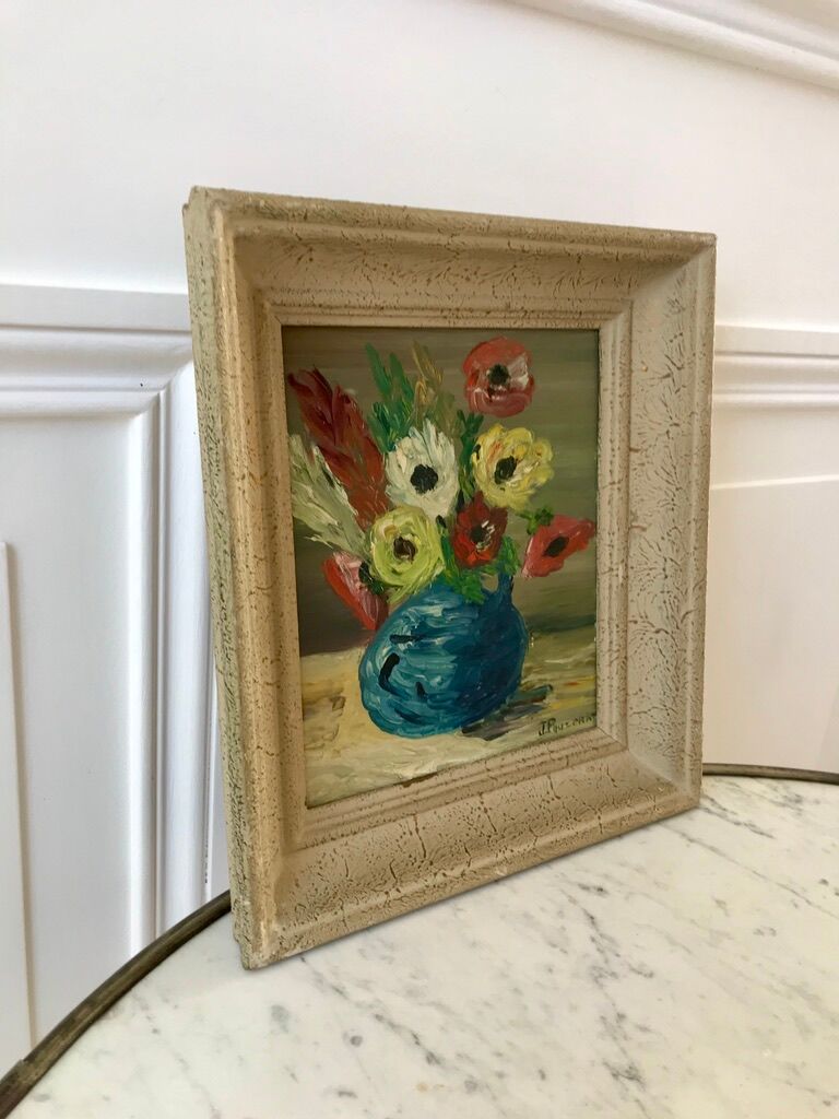 Painting still life bouquet flowers framed 50s