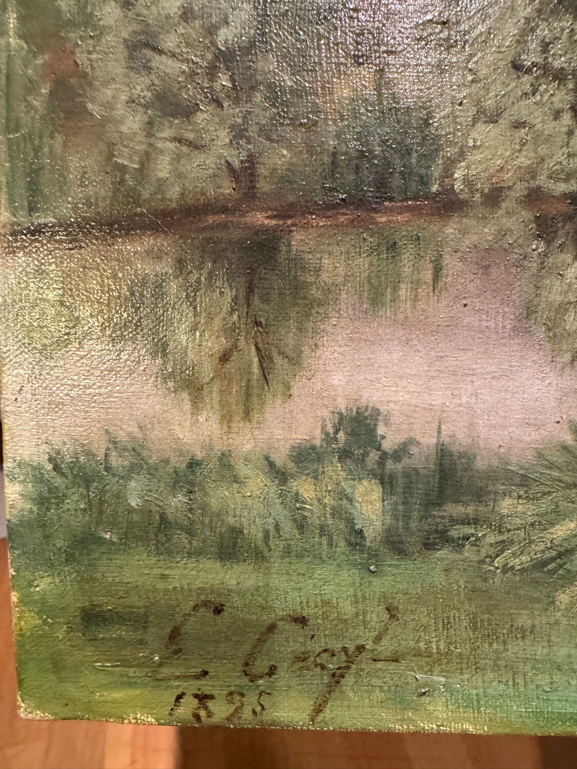 Antique painting, landscape with pond, signed and dated 1895