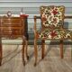 Convertible armchair with brocade fabric and floral patterns.