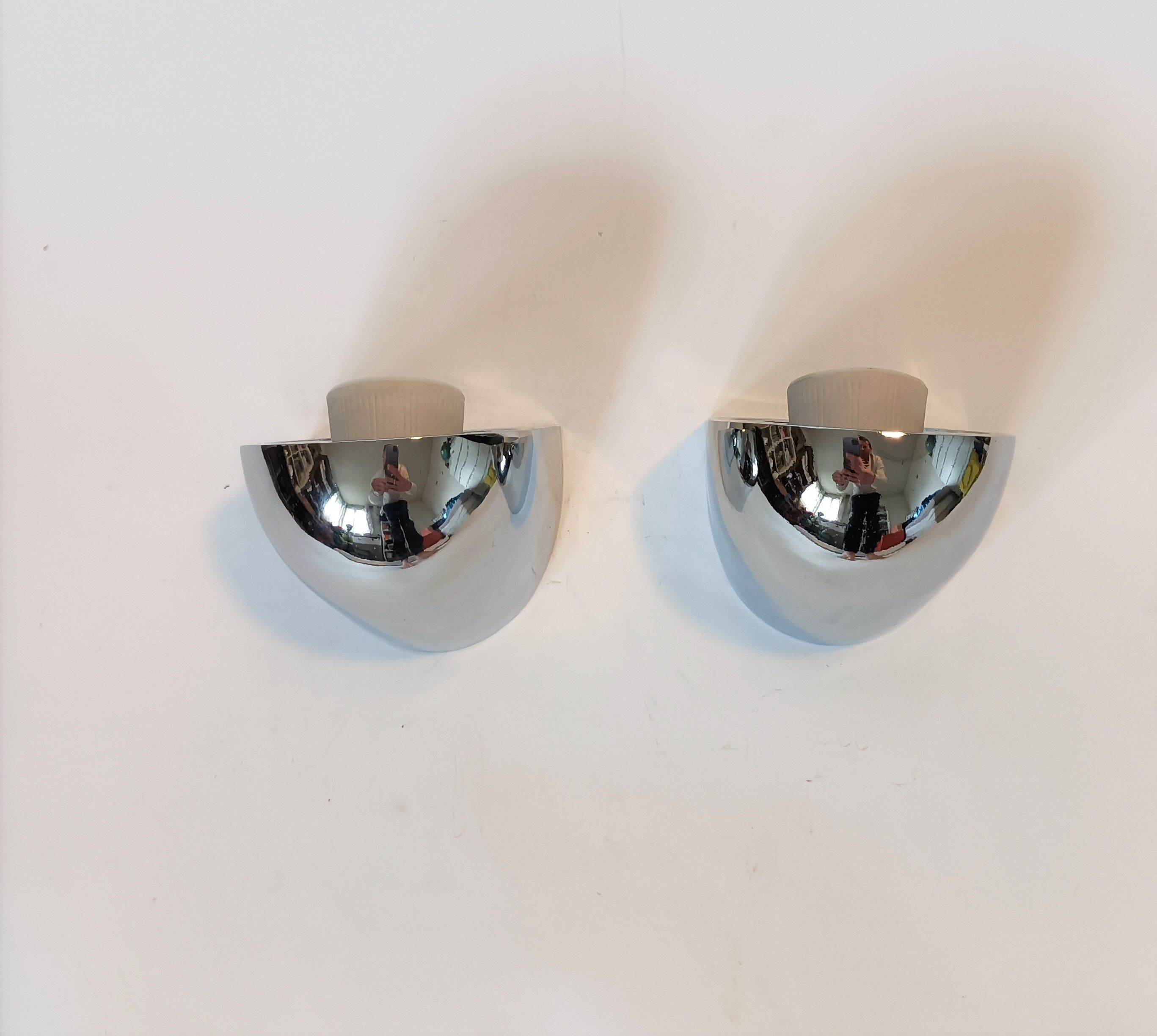 Pair of Milan Illuminacion wall lamps chrome and opaline 1970