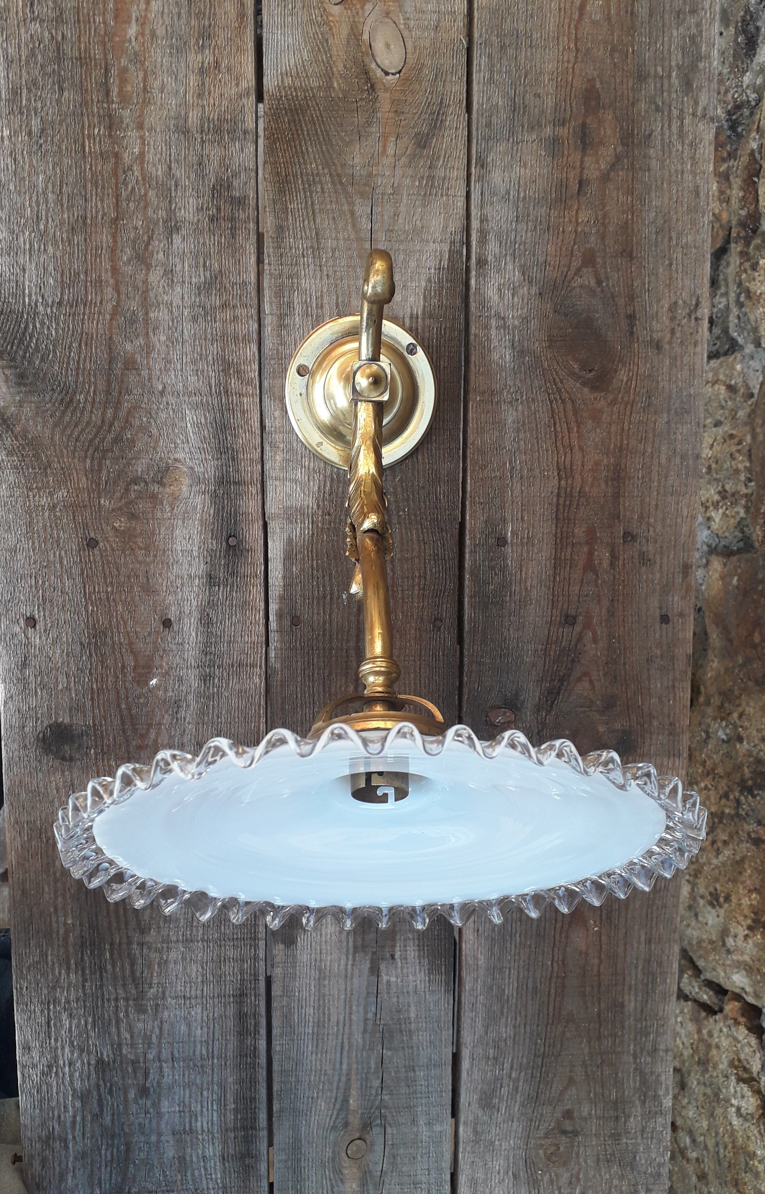 Wall lamp gooseneck bronze and serrated opaline.