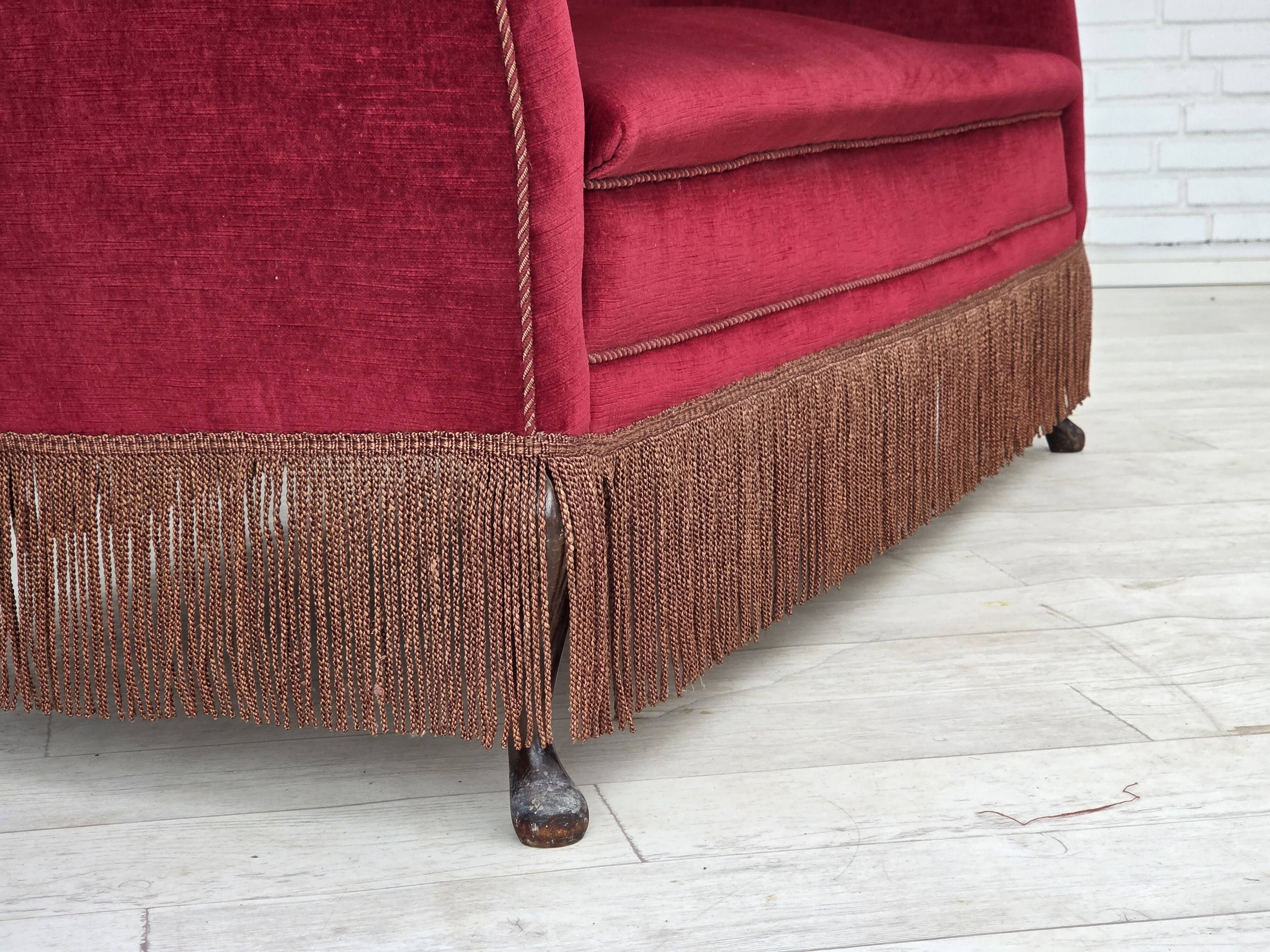 1960s, Danish 2-seater sofa, red furniture velour, ash wood legs.