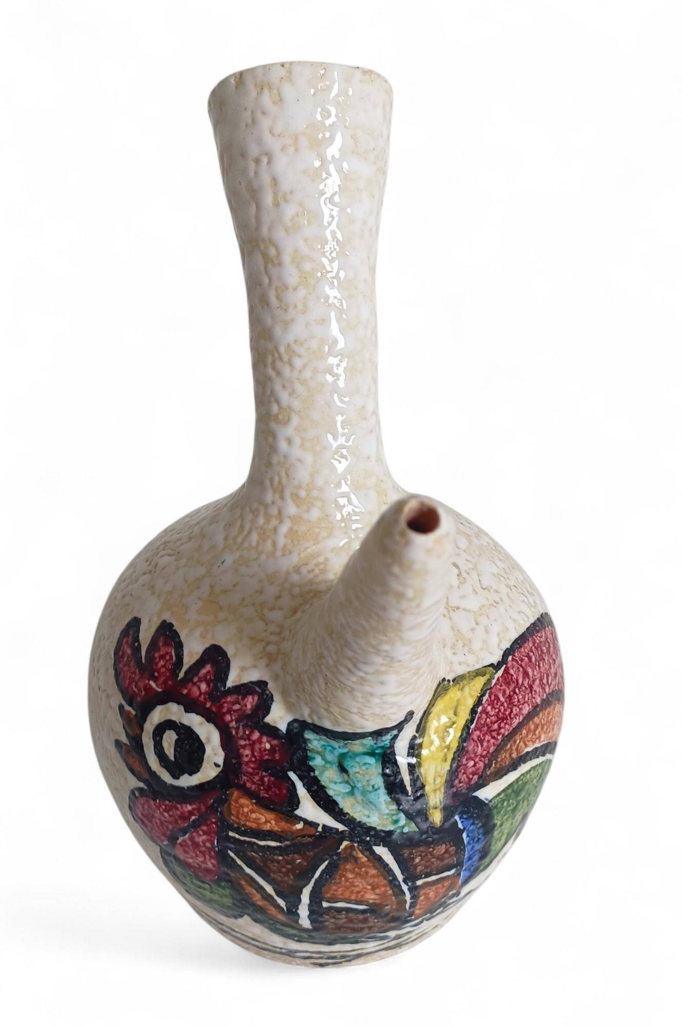 Vintage Spanish Ceramic Porrón, Hand-Painted Rooster, 1960s