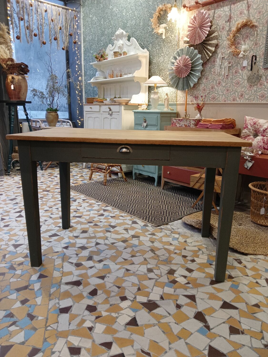 Wooden and khaki farmhouse table