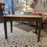 Wooden and khaki farmhouse table