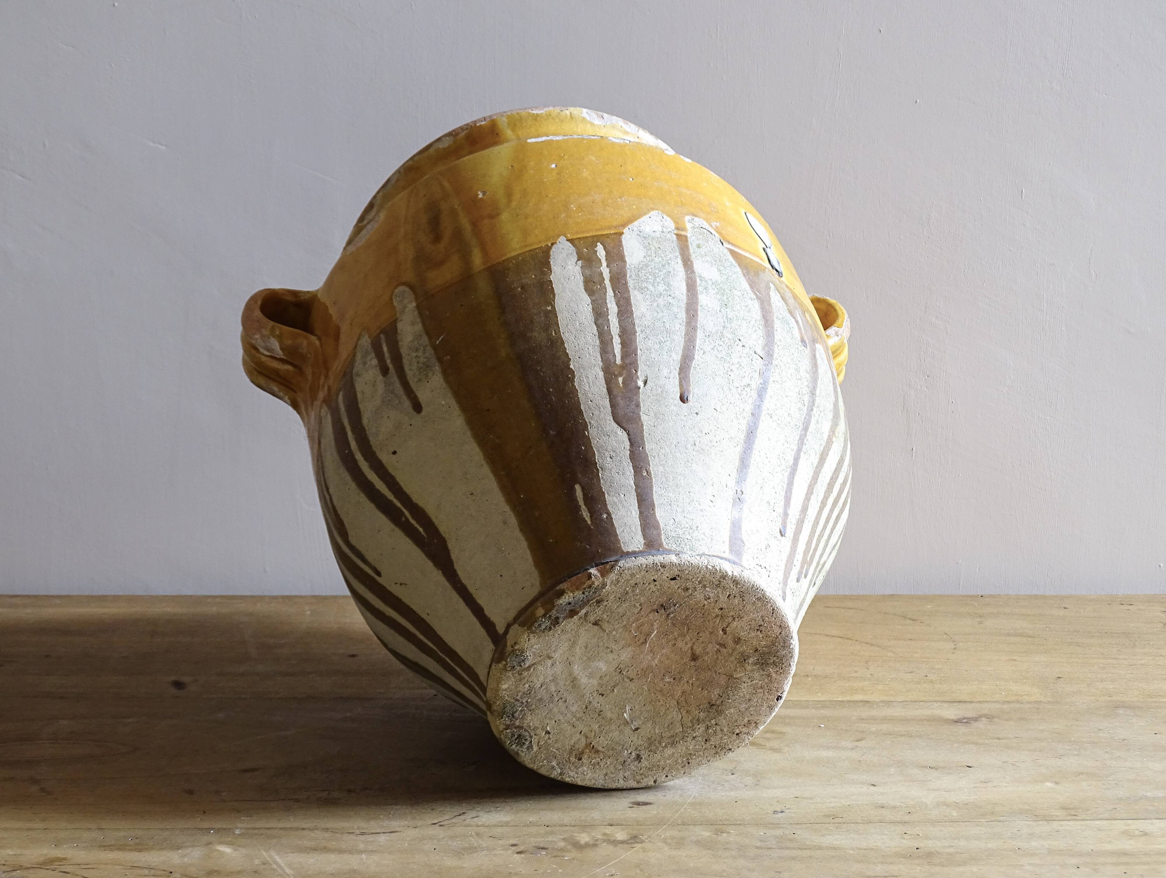 Large Antique French Confit Pot with Yellow Glaze