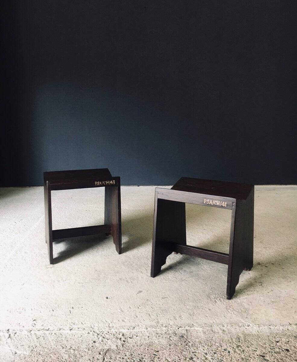 Modernist PJ-SI-68-A Sewing Stools by Pierre Jeanneret for Chandigarh, 1950s, India, Set of 2