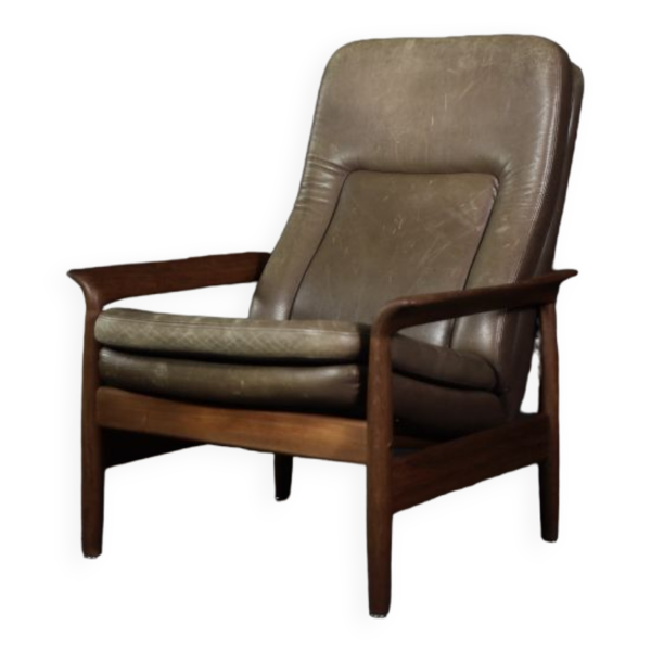 Fauteuil haut en teck et cuir marron avec dossier inclinable, style danois du milieu du siècle, années 1960