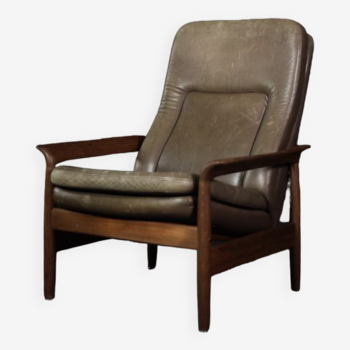 Mid-Century Danish Modern Teak Wood & Brown Leather High Armchair with Reclining Backrest, 1960s