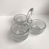 Trio of mismatched salt shakers in molded pressed glass 50s