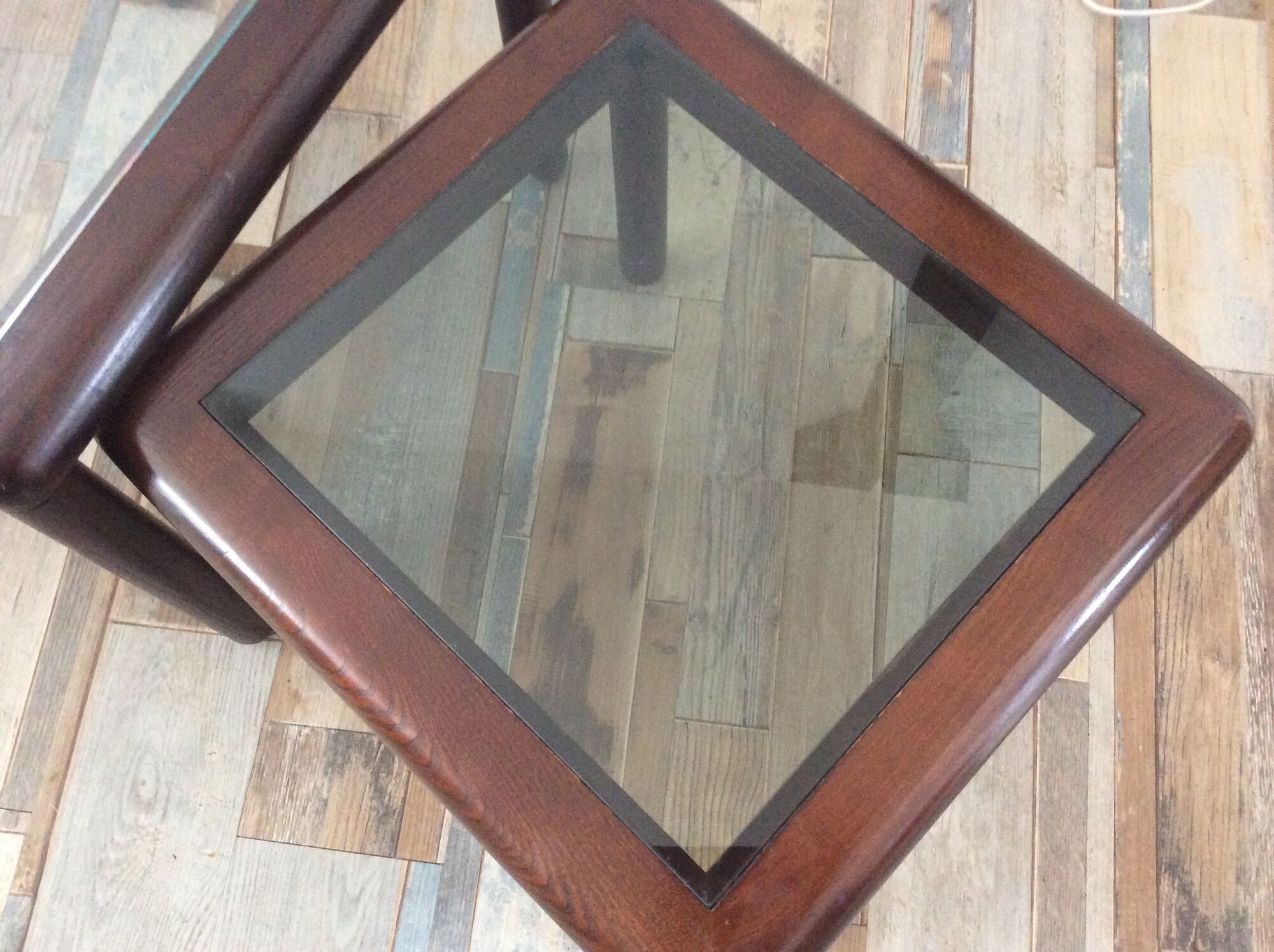Series of 3 wooden and glass tables from the 70s