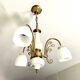 Three-light chandelier in gilded brass and porcelain, Art Nouveau style, 1970.