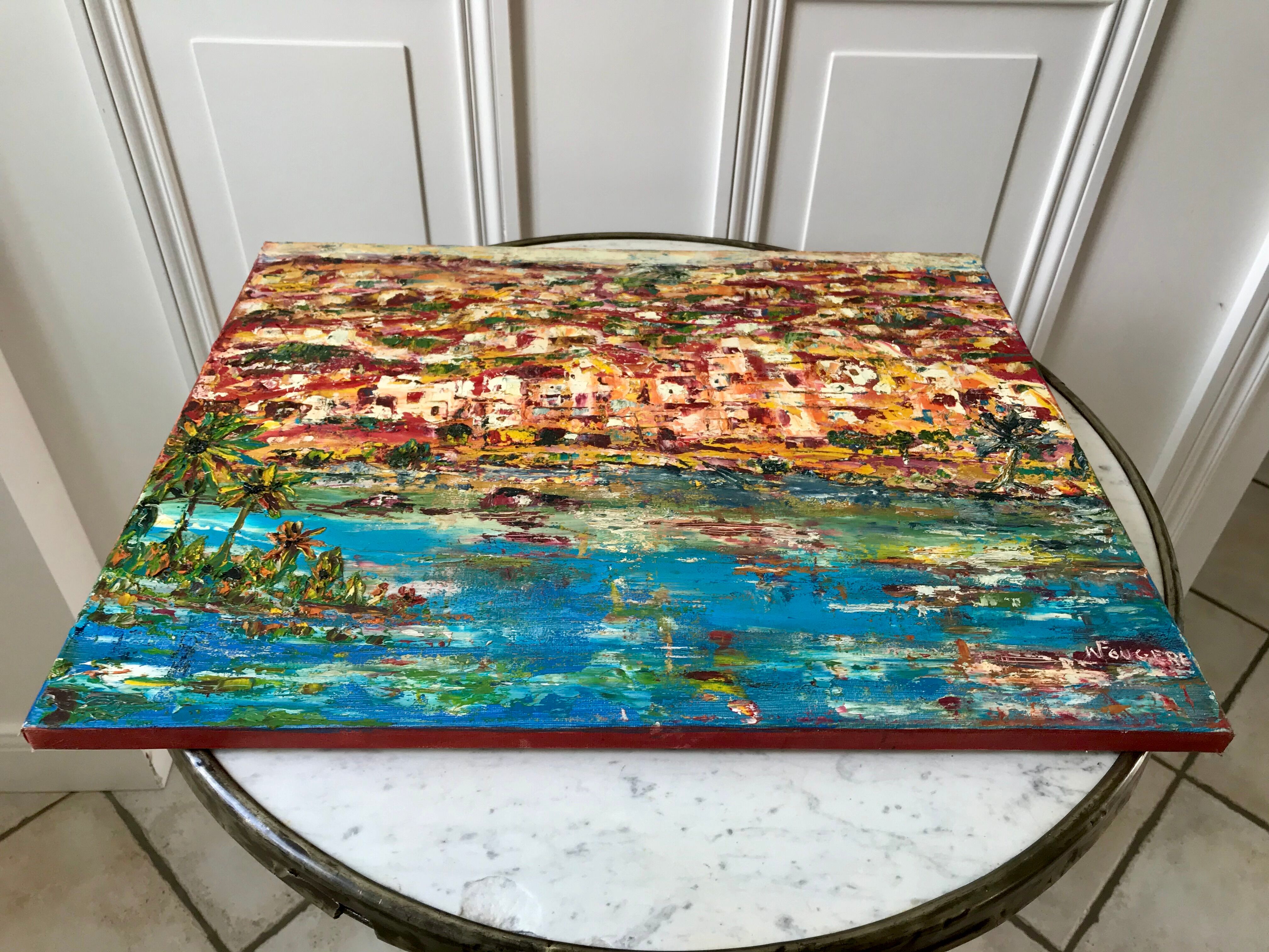 Oil painting on canvas landscape colorful seaside vintage