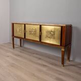 Buffet vintage années 40 en bois bas-reliefs en laiton et marbre design italien