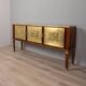 Buffet vintage années 40 en bois bas-reliefs en laiton et marbre design italien