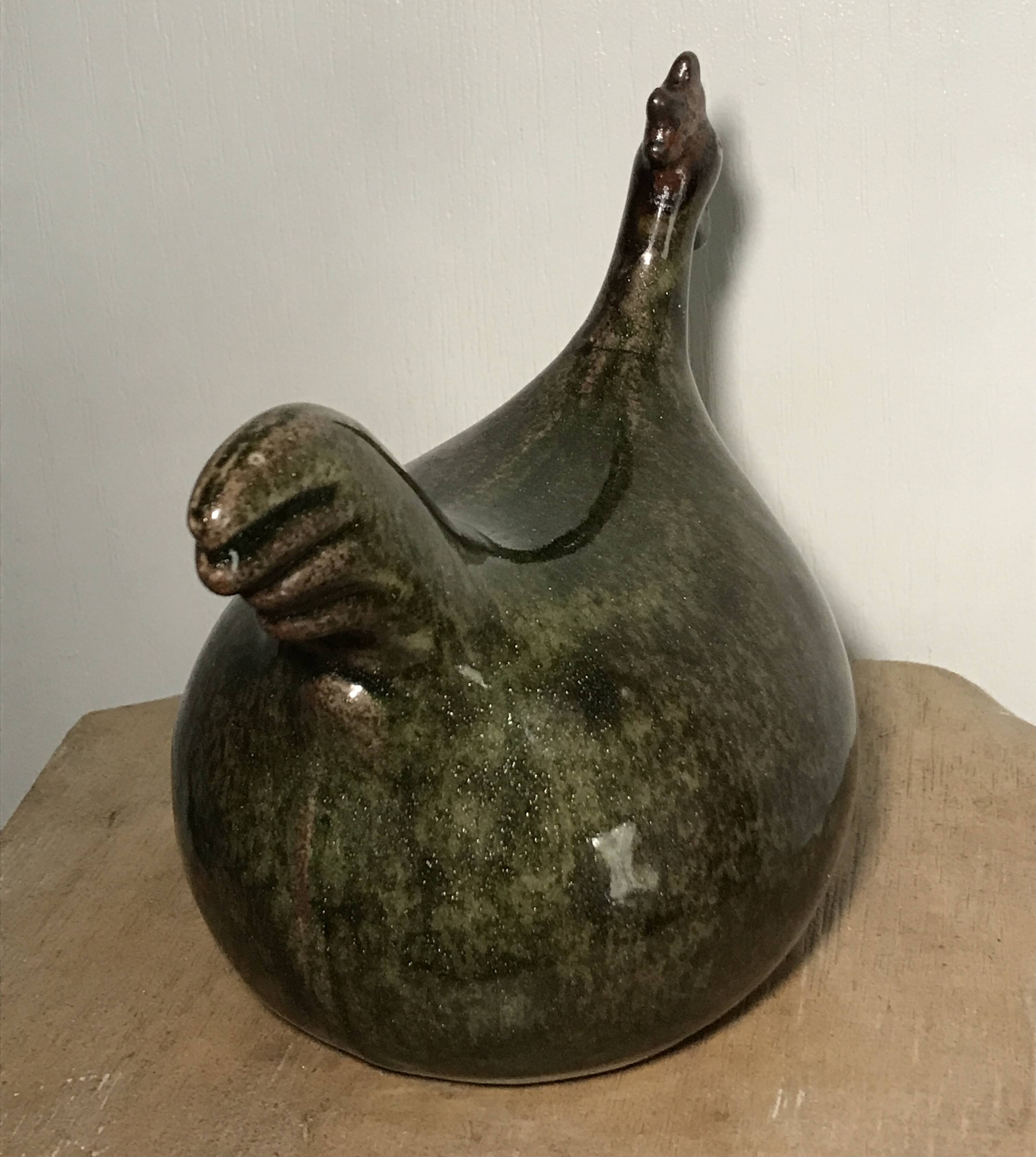 Vintage Rooster Figurine in Olive Green Glazed Stoneware with Glitter Effect 16 cm