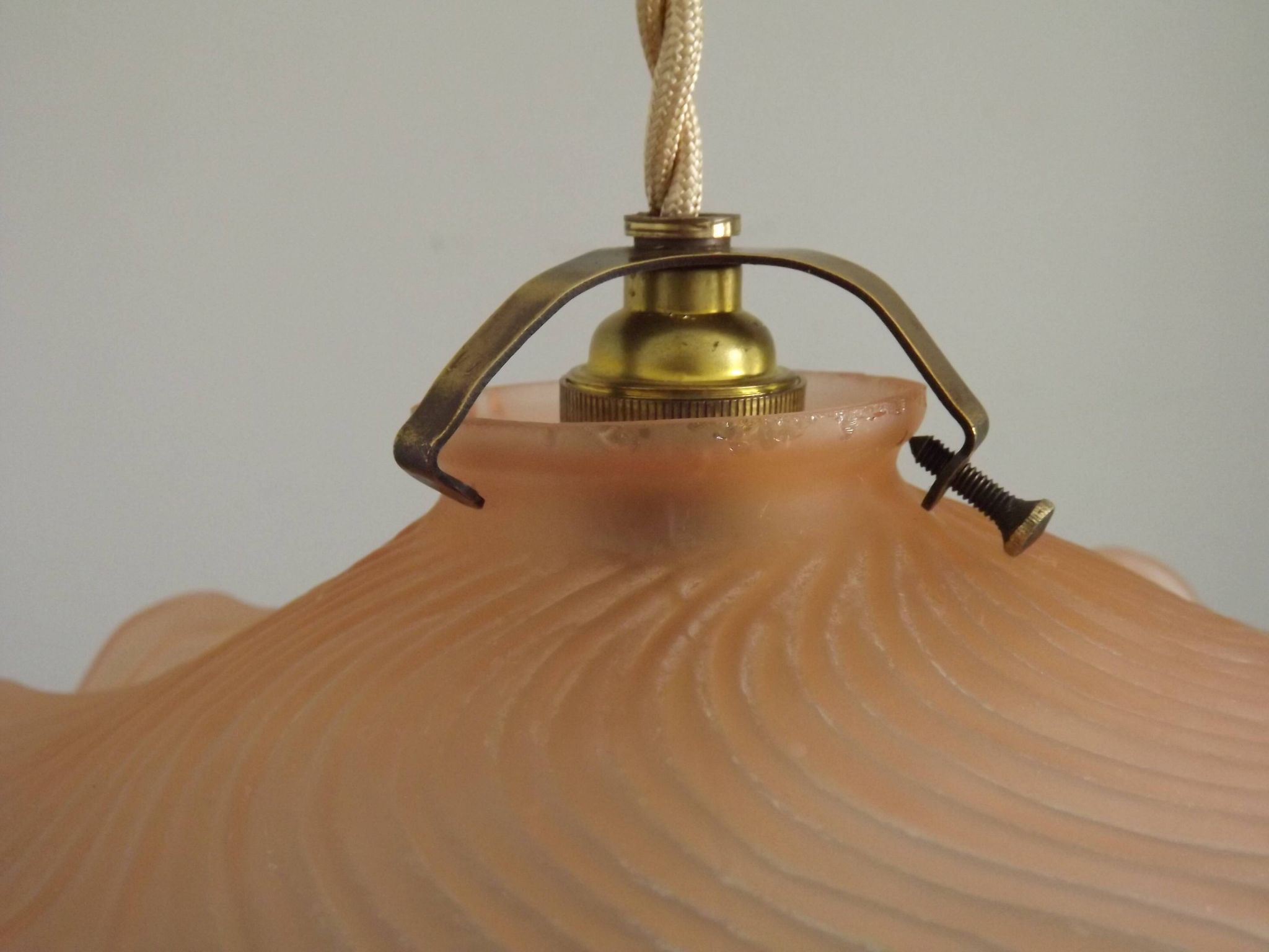 French Vintage 1930s Pink Frilled Glass Shade Hanging Light Brass Fittings