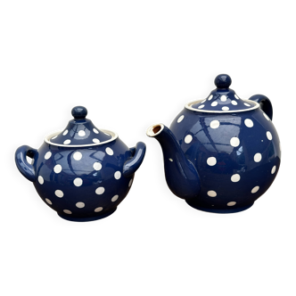 Théière et Sucrier Bleu Cobalt à Pois Blancs Sarreguemines & Digoin 1930