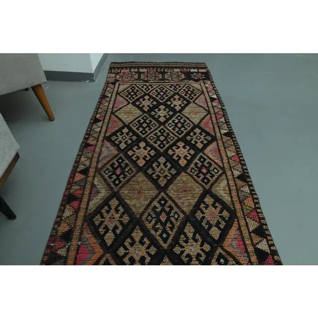 1970s Vintage Turkish Oushak Handmade Wool Cotton Pink Runner Rug 85x377