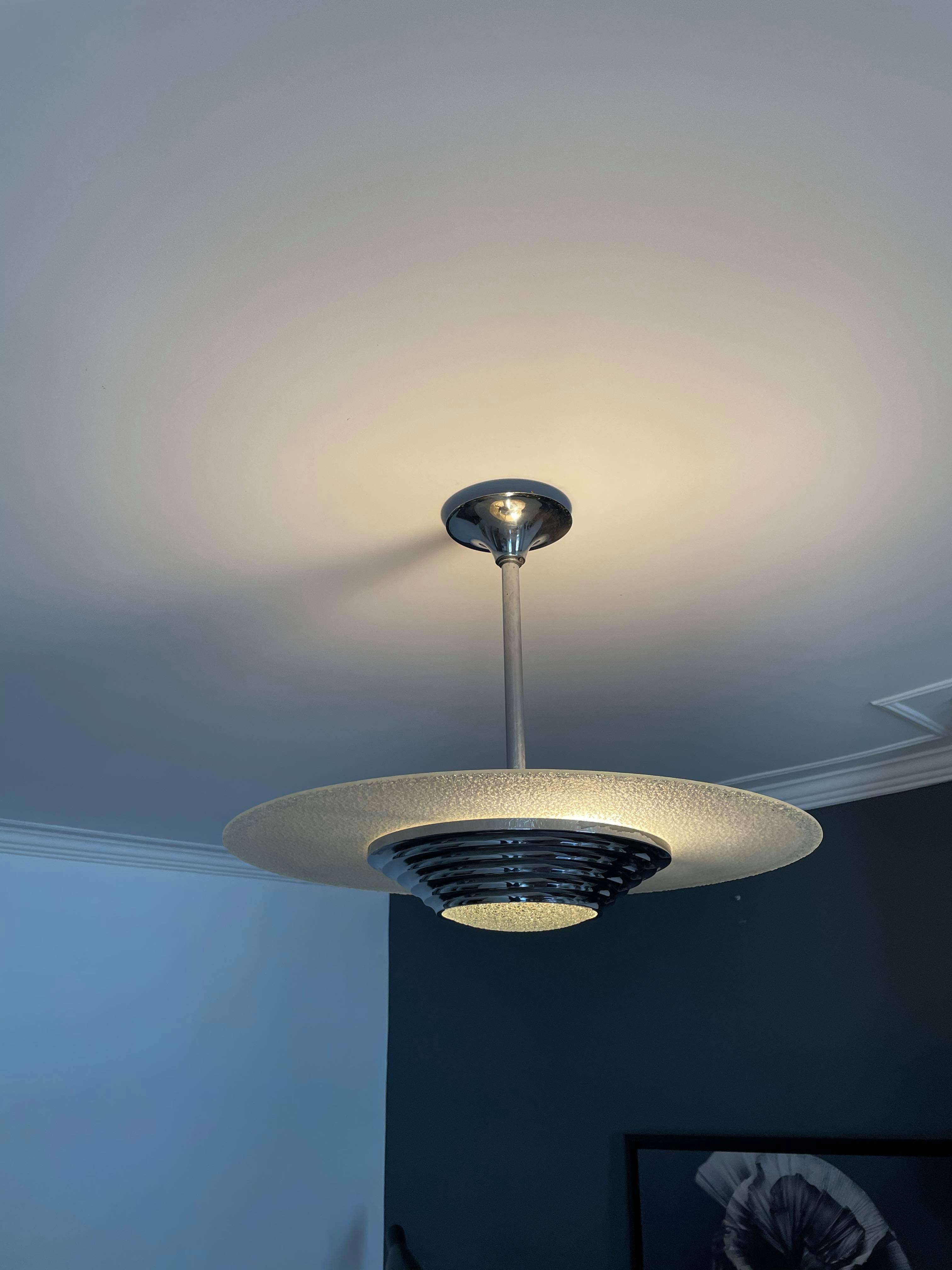 Modernist art deco pendant lamp, chrome brass and glass, France 1930 vintage