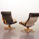 Noboru Nakamura Design Chocolate Brown Padded Leatherette Swivel Chairs 70s