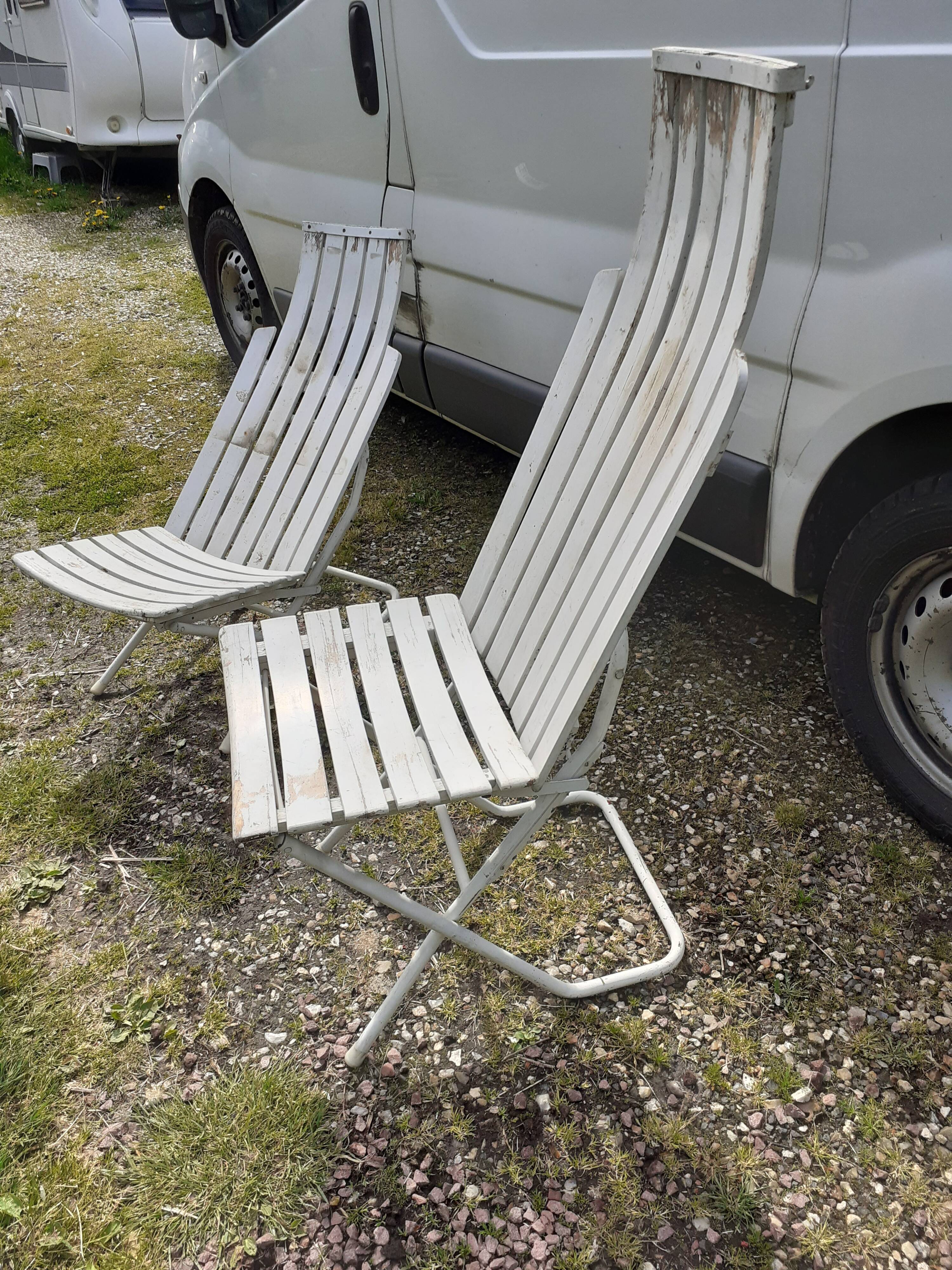 Pair of iron and old wood garden chairs