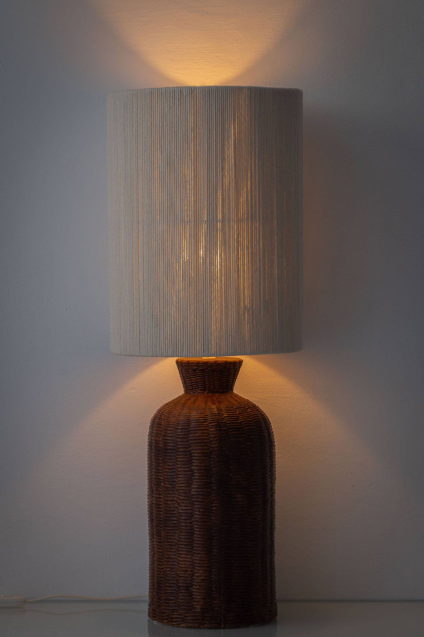 Ceramic Trompe L'Oeil Wicker Table Lamp with New Woven Cream Cord Lampshade