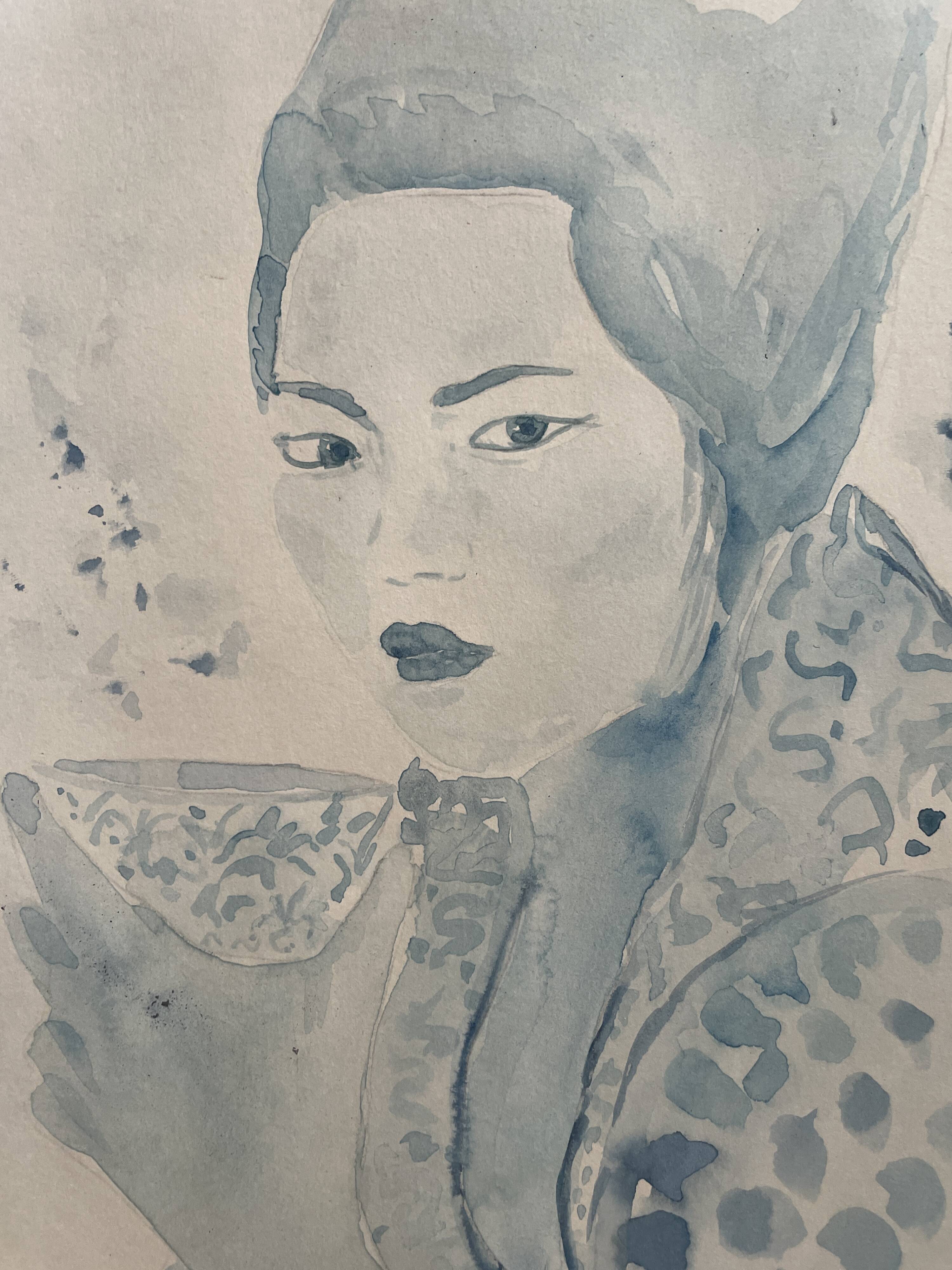 Signed blue watercolor painting “Geisha Tea Time” Japan