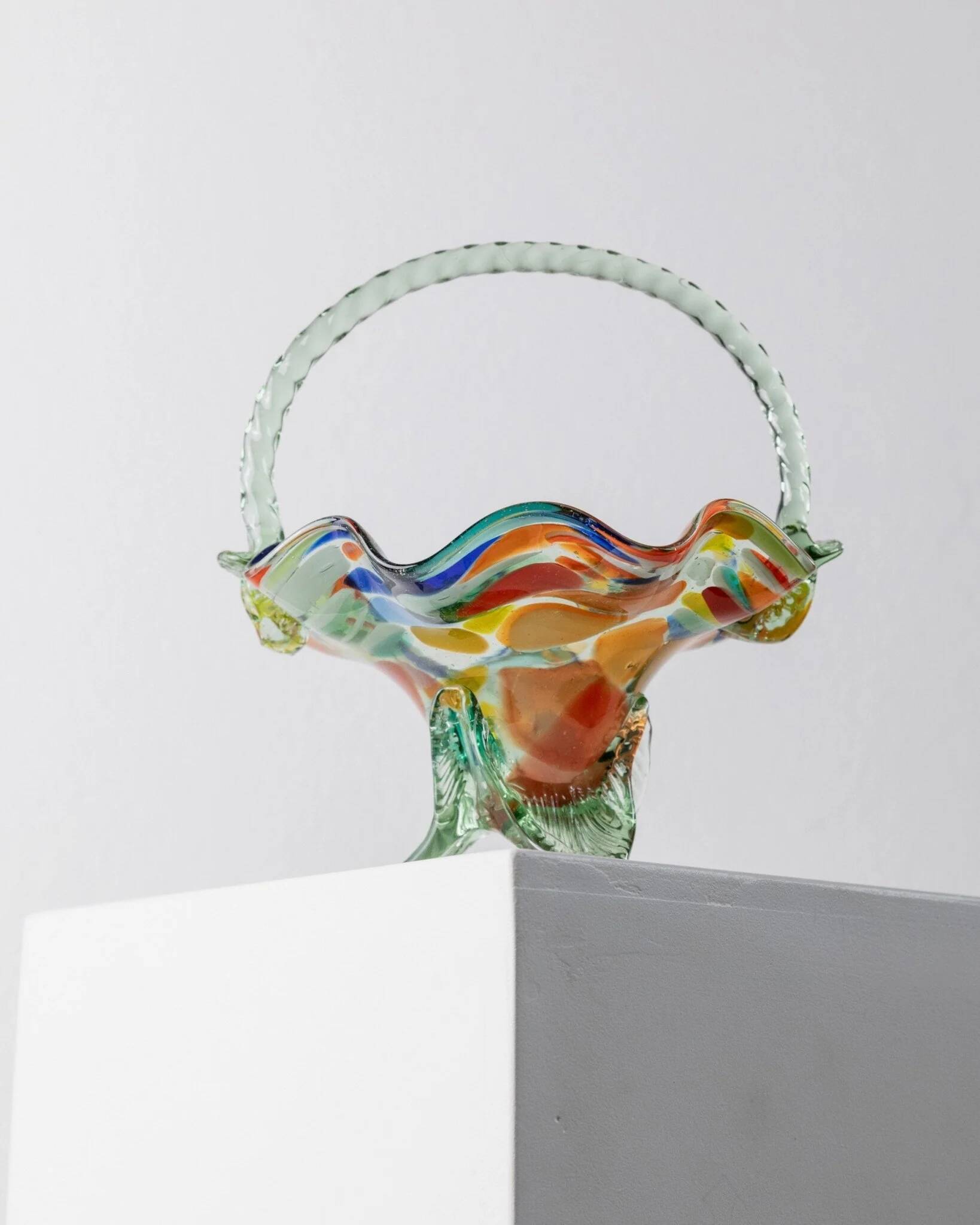 Multicolor Murano Glass Handle Bowl with Polka Dots, Ruffled Rim – 1970s Italian Mid-Century