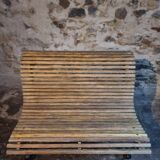 French garden bench in iron and wooden slats, mid-20th century.