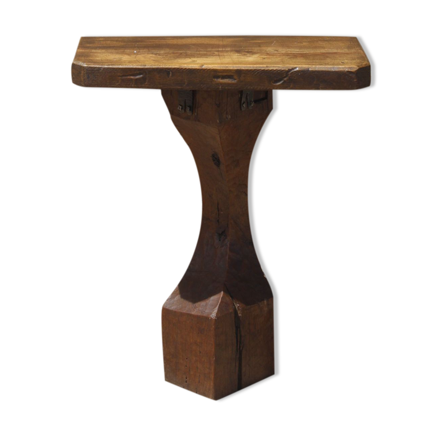 Brutalist console in solid wood worked with gouge & wrought iron, France 1950s
