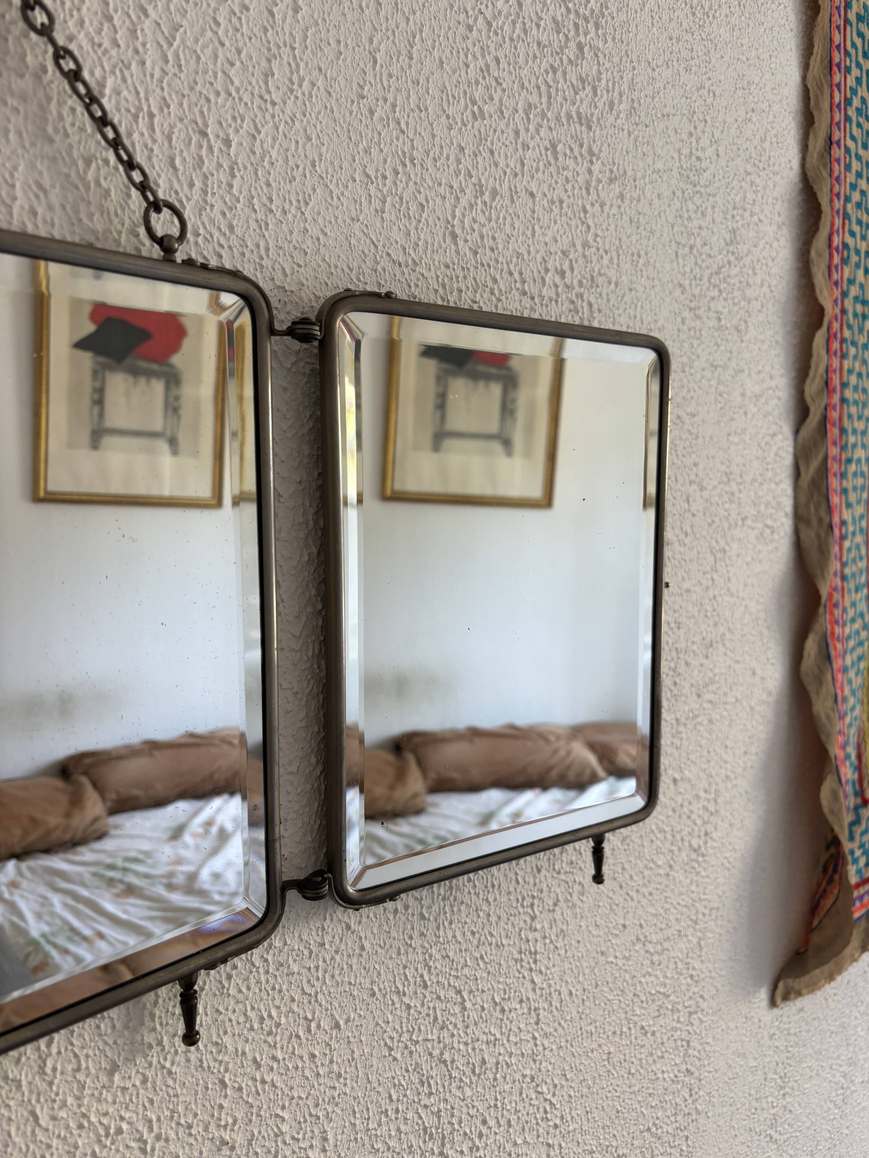 Vintage 1930s triptych barber mirror crocodile crystal - 30x69 cm