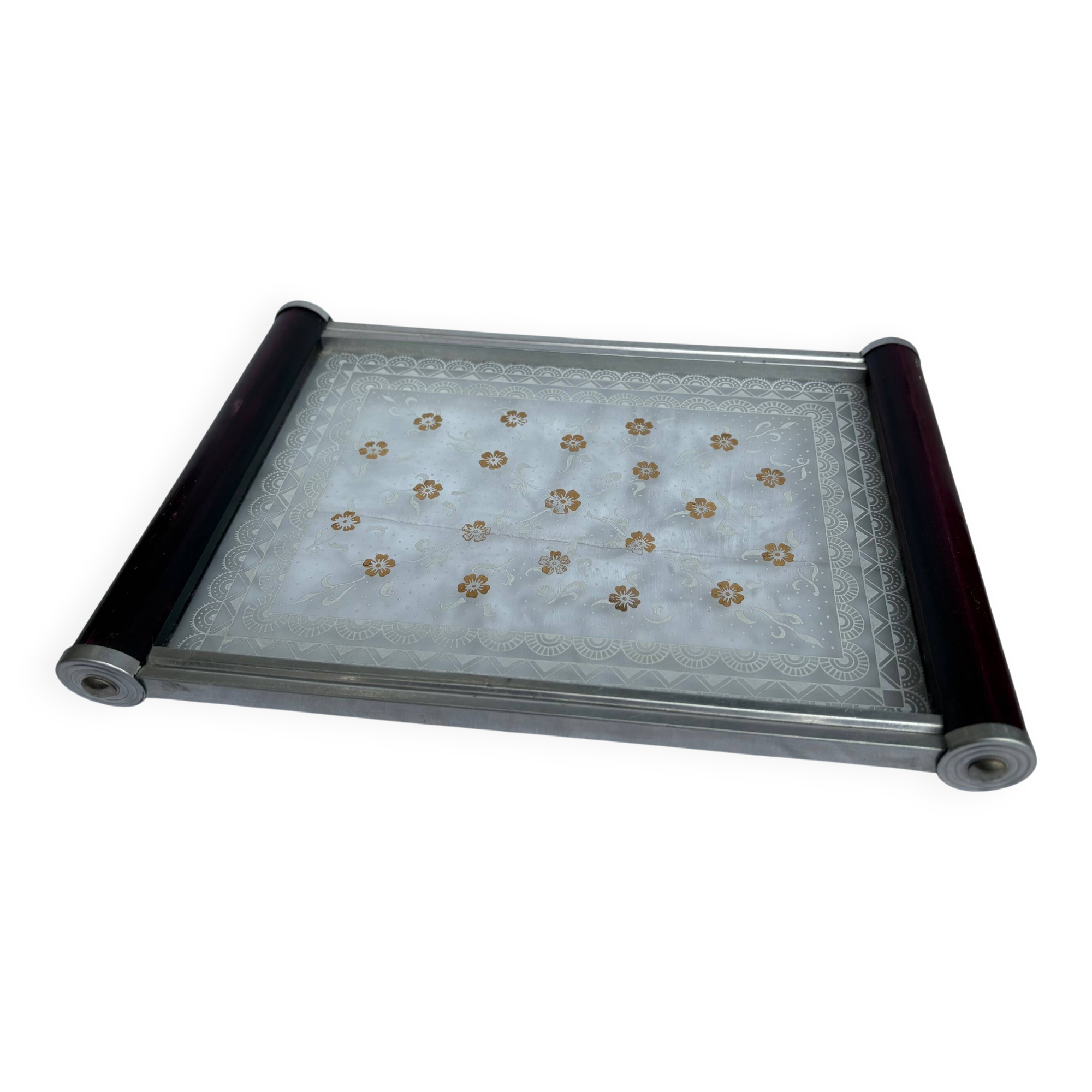 Small Art Deco tray in etched glass and chrome-plated metal – 1930s/40s