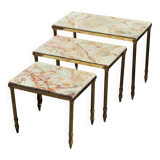 3 tables gigognes en laiton et marbre onyx, style vintage français - Tables de salon