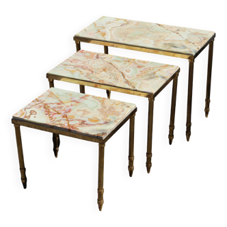 3 tables gigognes en laiton et marbre onyx, style vintage français - Tables de salon