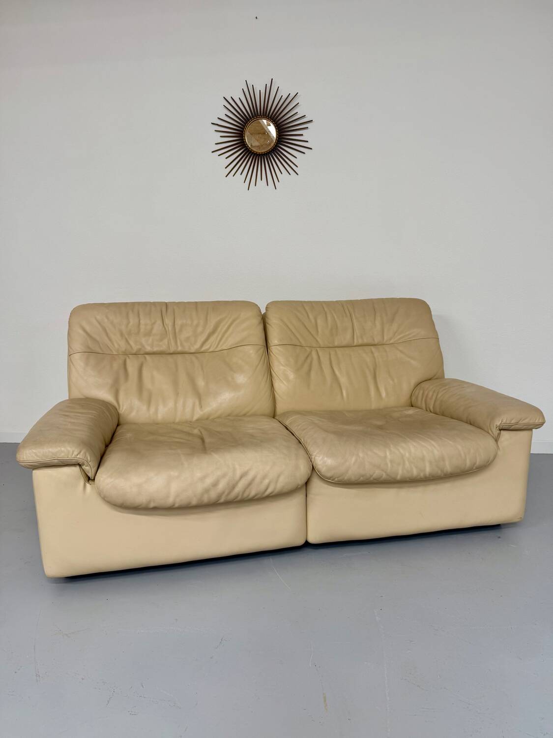 Old 2-seater beige leather sofa designed by Carl Larsson De Sede, vintage 80s